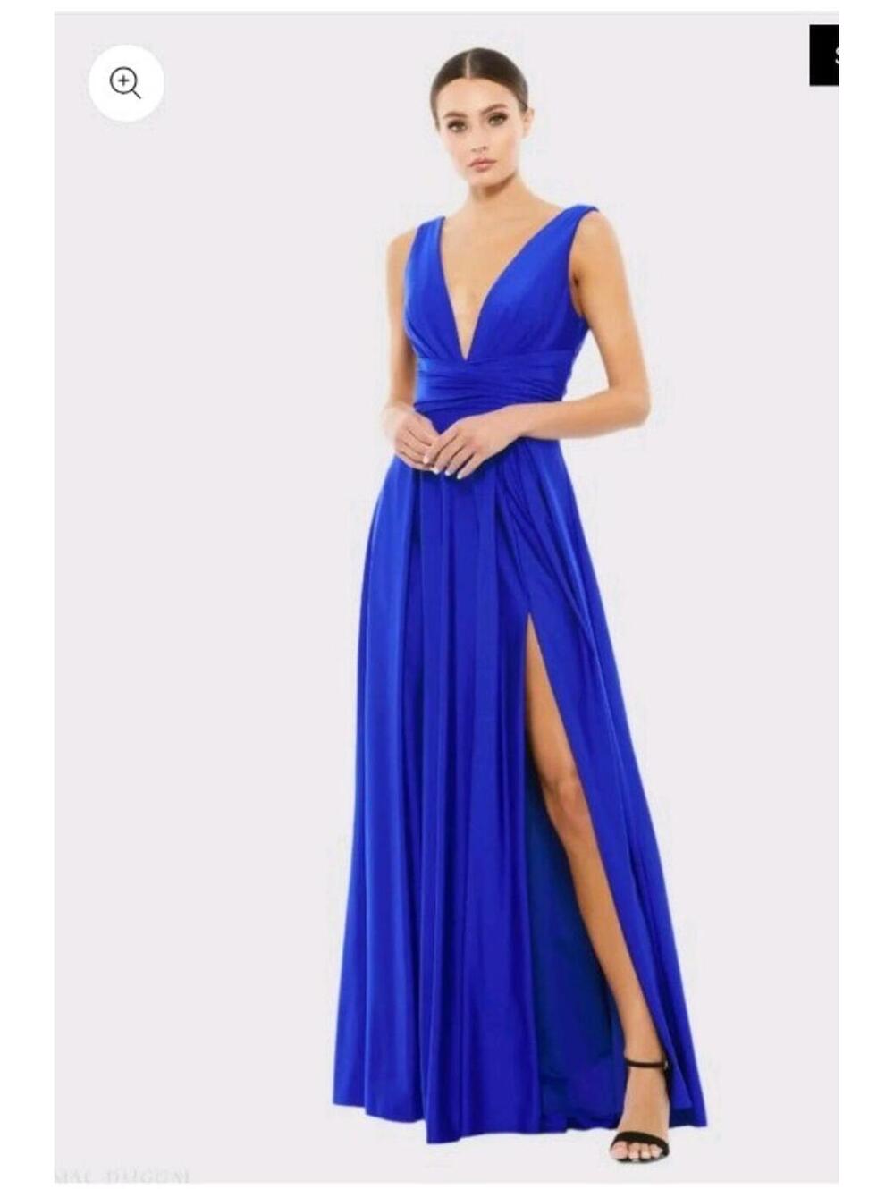 NWT Mac Duggal Long V Neck Blue Jersey Plunge Evening Gown